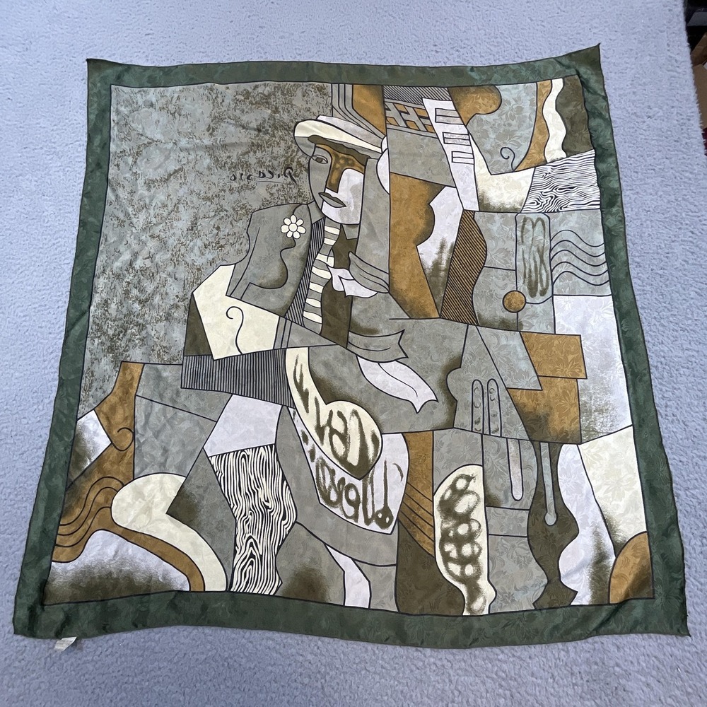 Picasso Scarf Womens‎ One Size Green Geometric Art Square Satin Logo Polyester